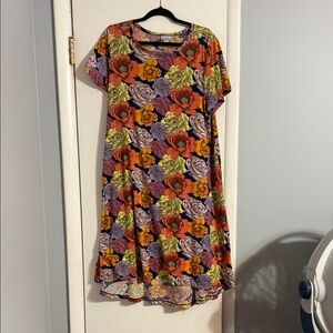 LuLaRoe Vibrant Floral Midi Dress in Orange, Purple, and Green